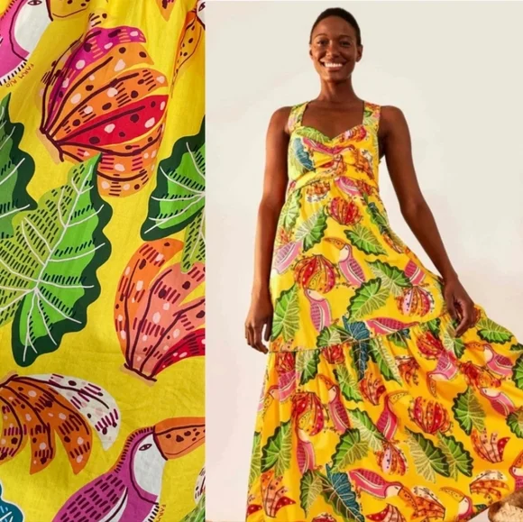 FARM RIO Yellow Beaks & Bananas Maxi Dress Size Small - Picture 1 of 7